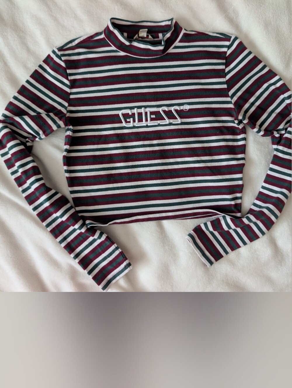 3$30 GUESS Striped Long Sleeve Crop Top - Burgundy, White & Teal